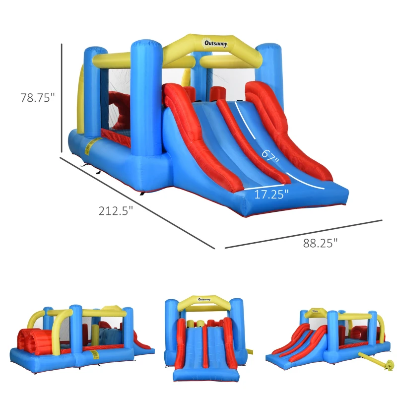 Outsunny Kids Inflatable Bounce House 4-in-1 Jumping Castle with Double Slides, Obstacle Course, Climbing Walls, & Trampoline, 750W Air Blower Included