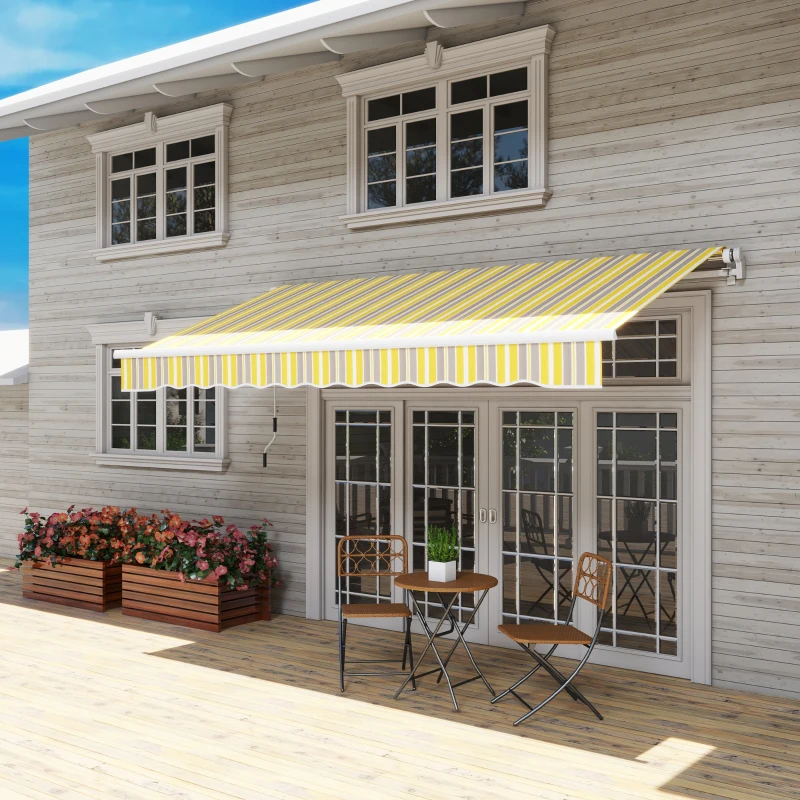 Outsunny 12' x 10' Retractable Awning Patio Sun Shade Shelter with Manual Crank Handle, UV & Water-Resistant Fabric and Aluminum Frame for Deck, Balcony, Yard, Yellow and Grey