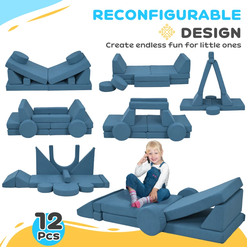 Qaba 12-Piece Modular Kids Play Couch Building Fort for Playroom Bedroom, Convertible Kids Sofa, Blue