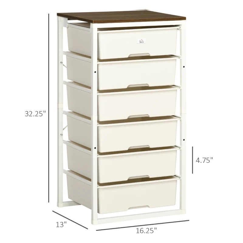 HOMCOM Dresser Storage Drawers with 6 Plastic Bins and Steel Frame, Crafting Bins for Living Room, Bedroom, White