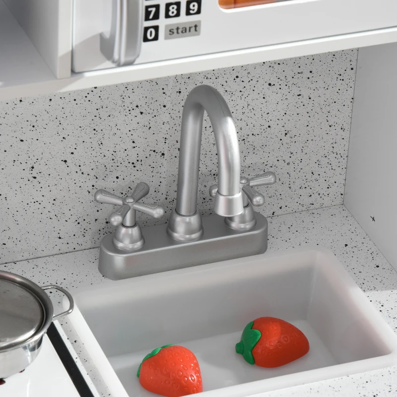 Qaba Wooden Play Kitchen with Easy Toy Organizer Bins, Latte Maker Pretend Play Kitchen Set with Stove Sound Effects, Preschool Imaginative Toy Playset