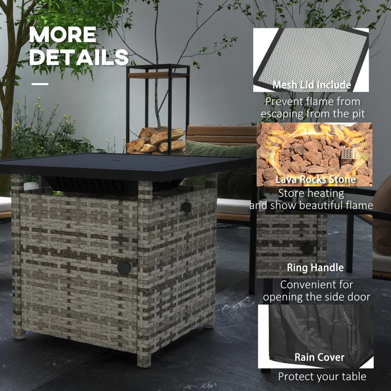 Outsunny Outdoor PE Rattan Propane Fire Pit Table, 50,000 BTU Pulse-Ignition Wicker Fire Table, Mixed Grey