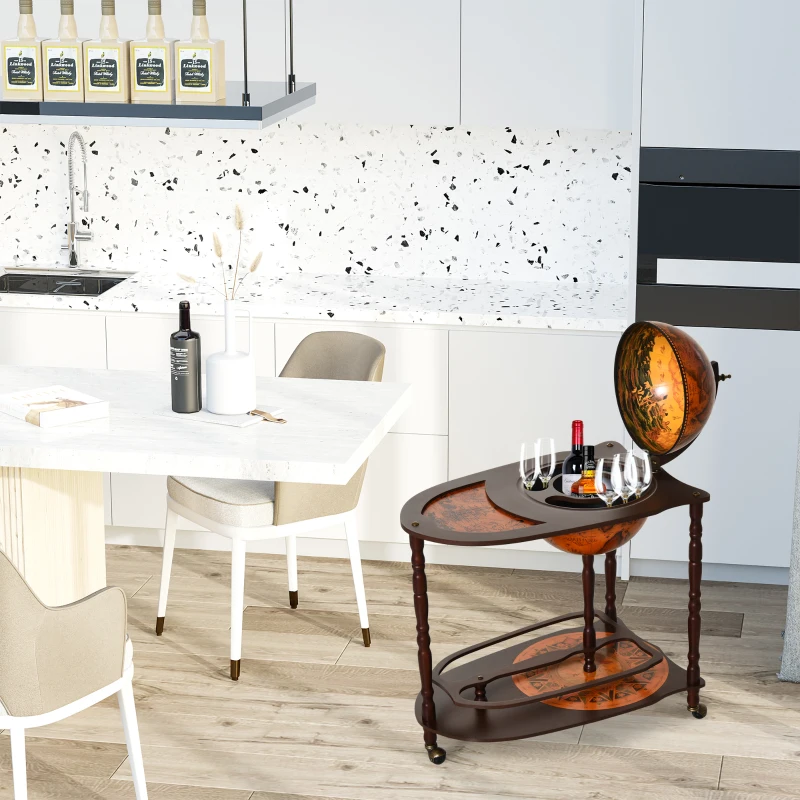 HOMCOM Rolling 28" Globe Wine Bar Stand Wine Cabinet Bottle Shelf Holder Wine Host Trolley with Wheels for 18 Bottles, Brown