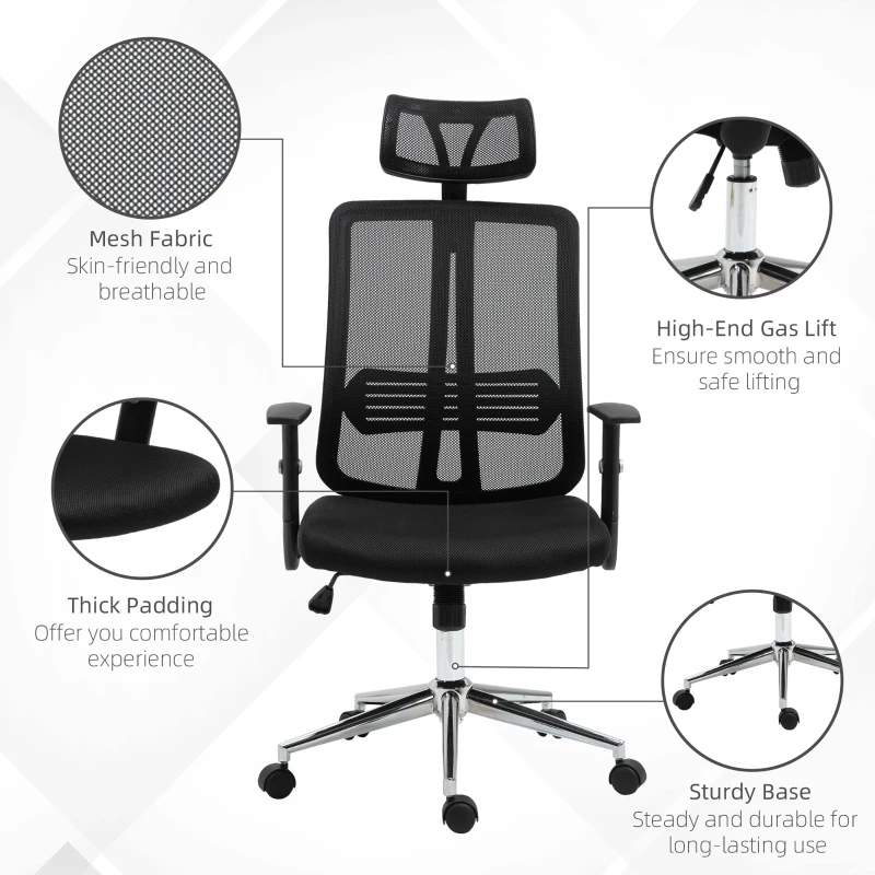 Vinsetto High Back Mesh Chair Office Task Chair with Adjustable Height, Headrest, Arm, Lumbar Back Support, Black