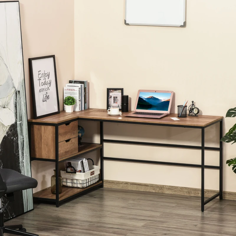 HOMCOM L-Shaped Home Offie Computer Desk with Storage Shelves, 2 Dawers and Industrial Steel Frame, Black/Brown