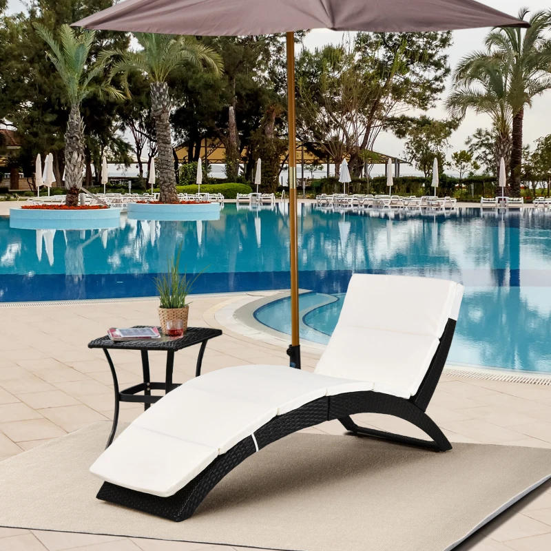 Outsunny Patio Rattan Chaise lounger wicker Foldable Reclining Backrest PE Rattan Outdoor Lounge Chair, Recliner with Cushion for Garden, Backyard, Lawn,Balcony, Beige