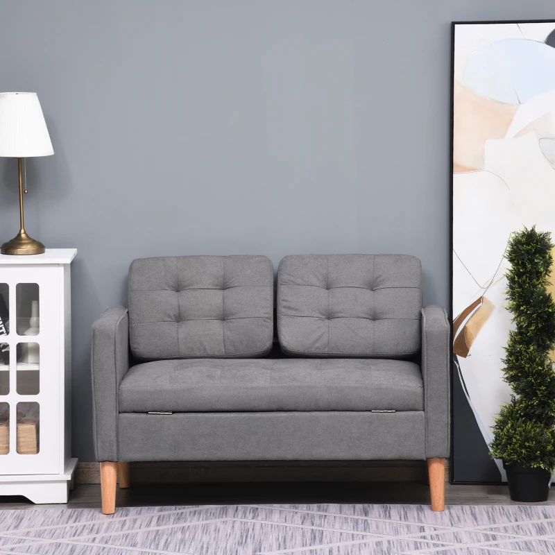 HOMCOM Modern 2-Seater Loveseat Button-Tufted Fabric Couch with Storage Chest, Cushions and Rubberwood Legs for Living Room, Grey