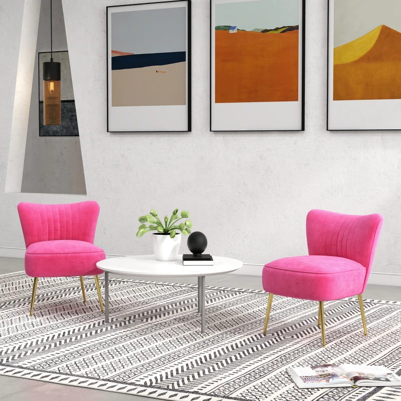 HOMCOM Velvet Lounge Chairs Set of 2, Modern Accent Chairs for Living Room with Gold Steel Legs and Tufting Backrest, Pink