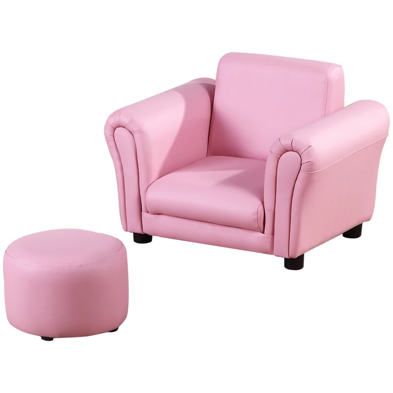 Qaba Kids Sofa Set with Footstool, Upholstered Armchair for Kids 18M+, Baby Sofa for Playroom, Children's Bedroom, Nursery Room, Pink