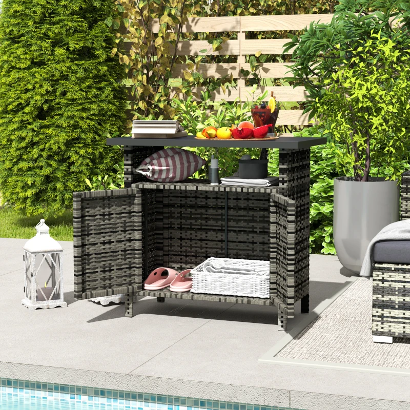 Outsunny Wicker Outdoor Storage Cabinet with Two Doors and Shelf for Outdoor Pool Towel Storage, Mixed Gray