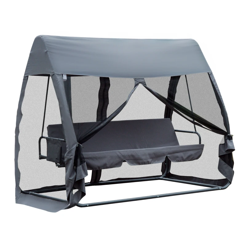 Outsunny 3-Seater Outdoor Swing Chair Chaise Lounger Bed Garden Hammock with Steel Stand, Canopy Netting Walls, Grey
