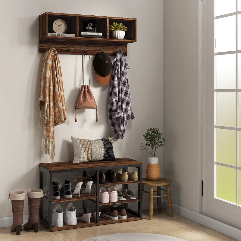HOMCOM Hall Tree with Bench and Shoe Storage, 2-in-1 Entryway Storage Set with Shoe Bench and Coat Rack for Hallway