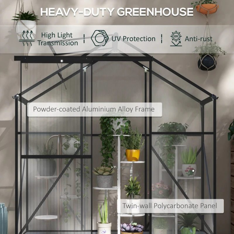 Outsunny 6' x 2.5' Walk-in Polycarbonate Greenhouse Aluminium Green House with Sliding Door, 5-Level Roof Vent, Rain Gutter