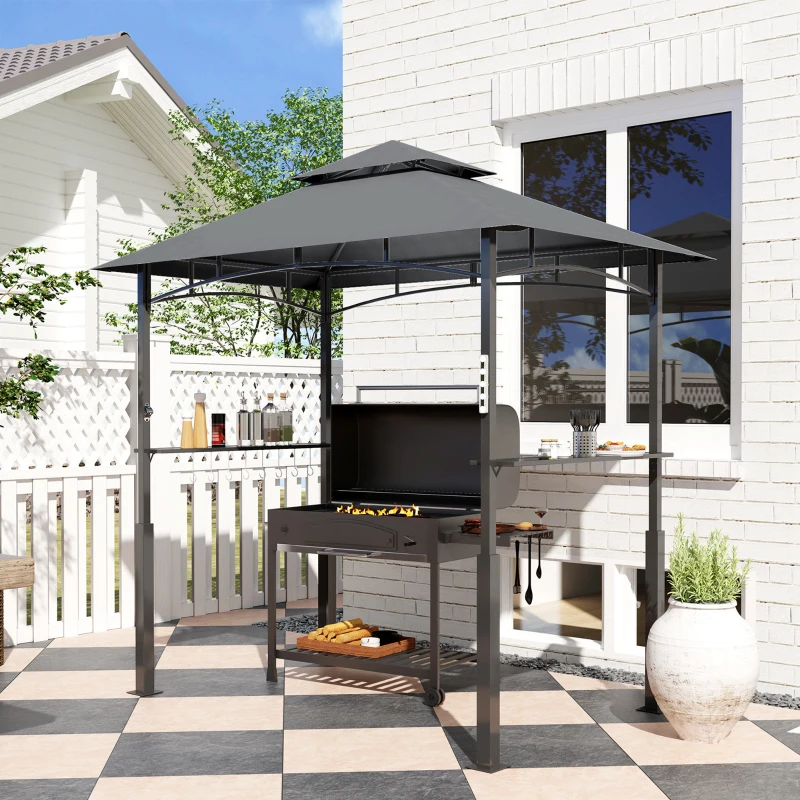 Outsunny 8' x 5' Grill Gazebo, Double Tiered BBQ Gazebo with LED Light, 2 Side Shelves, Hooks and Bottle Opener, Dark Grey