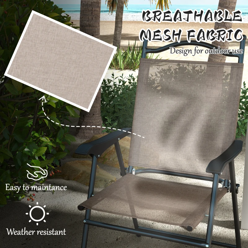 Outsunny 4 Piece Folding Patio Camping Chair Set, Sports Chairs for Adults with Armrests, Mesh Fabric Seat for Lawn, Brown