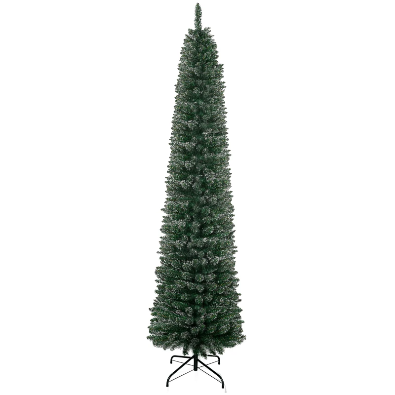 HOMCOM 7.5FT Artificial Snow Dipped Christmas Tree Xmas Pencil Tree Holiday Home Indoor Decoration with Foldable Black Stand, Green