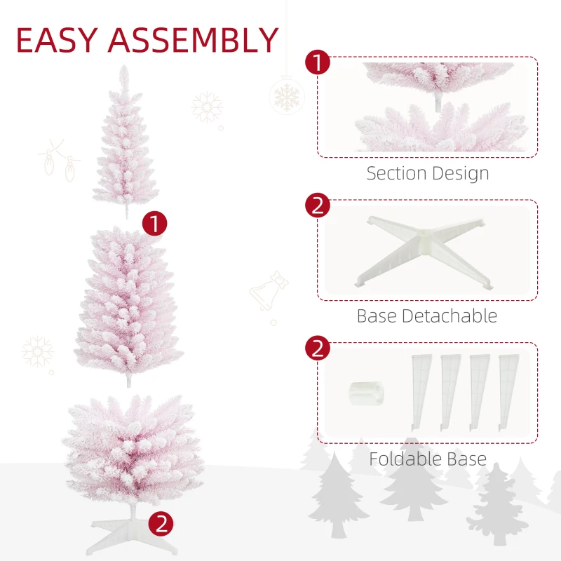 HOMCOM 7' Decorated Christmas Tree Snow Flocked Artificial Christmas Tree with Pencil Shape, Realistic Branches, Pink