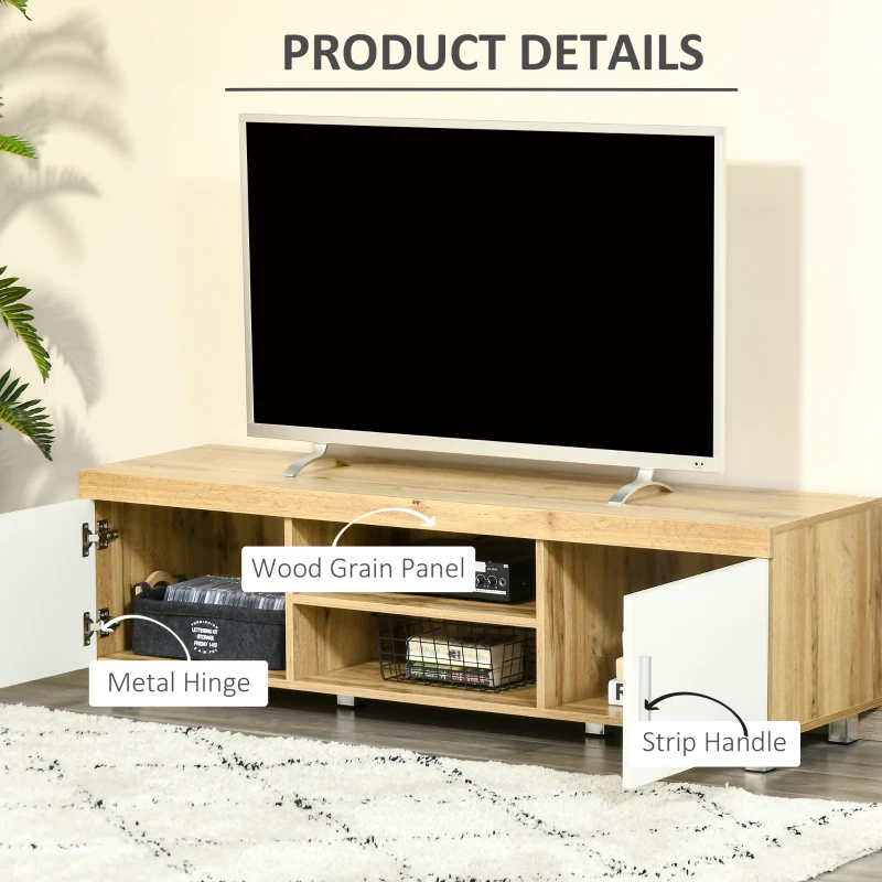 HOMCOM Modern TV Stand for TVs Up to 63 Inches, TV Cabinet with Storage Shelves and Cable Holes for Living Room Bedroom, Oak and White
