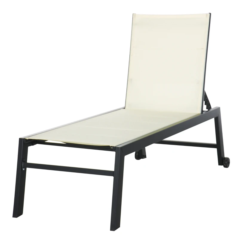 Outsunny Outdoor Chaise Lounge with Wheels, Five Position Recliner for Sunbathing, Suntanning, Steel Frame, Breathable Fabric for Beach, Yard, Patio, White