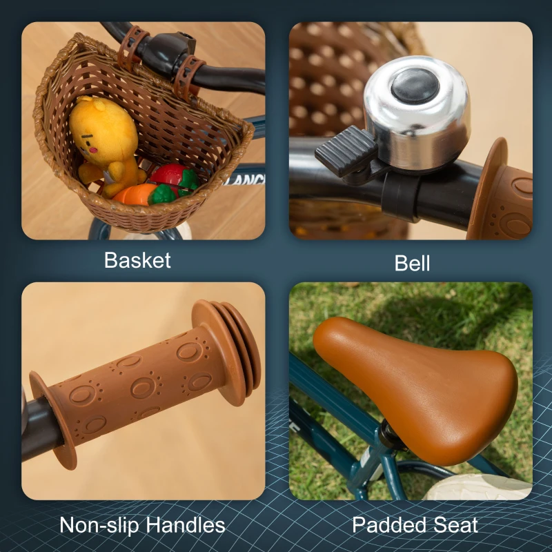 Qaba Kids Balance Bike with Basket, Adjustable Height Handlebars, Soft-Grip Push Bike with Bell, Rubber Tires, Skill-Improving Training Bike Ages 3-6, Little Kids Outdoor Toys