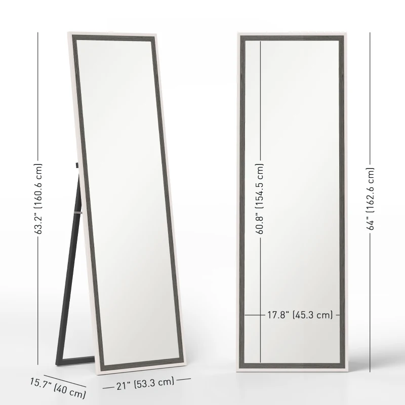 HOMCOM Floor Standing Mirror, Full Length Mirror, Free Standing, Leaning or Wall Mirror with Frame for Bedroom, Grey Wood Grain