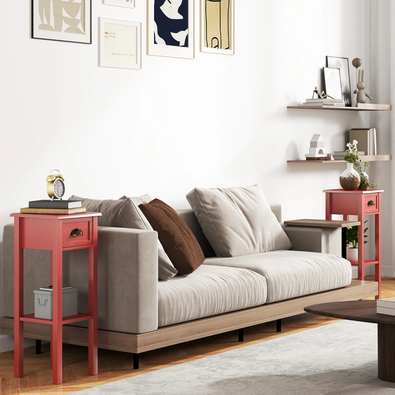 HOMCOM 2-Tier Side Tables Set of 2 with Drawer and Shelf, 2 Pieces End Tables for Living Room and Hallway, Red