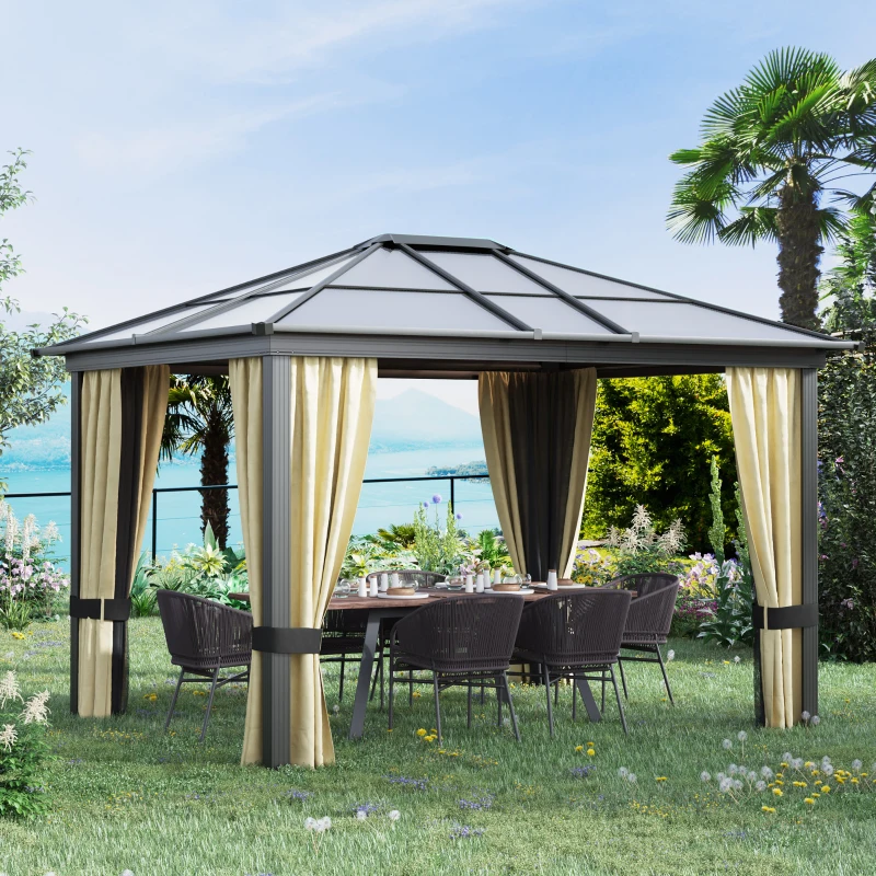 Outsunny 10' x 12' Hard Top Gazebo Canopy Sunshelter Waterproof Sun Shade with Sidewalls and Mosquito Netting