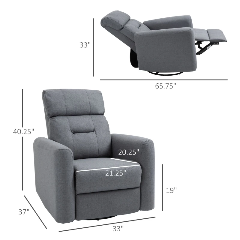 HOMCOM Manual Recliner Swivel Rocker Chair Theater Chair Single Sofa with Linen Fabric for Living Room Bedroom, Grey