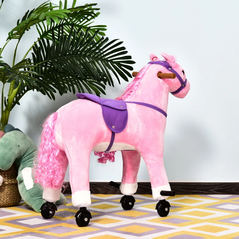 Qaba Kids Plush Ride On Toy Walking Horse with Wheels and Realistic Sounds, 30"H, Pink