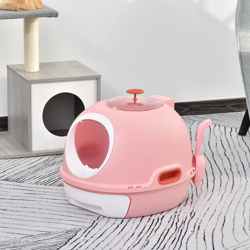 PawHut Cat Litter Box Toilet with Lid, Covered Litter Box with Scoop, Enclosed Drawer, and Skylight, Pink