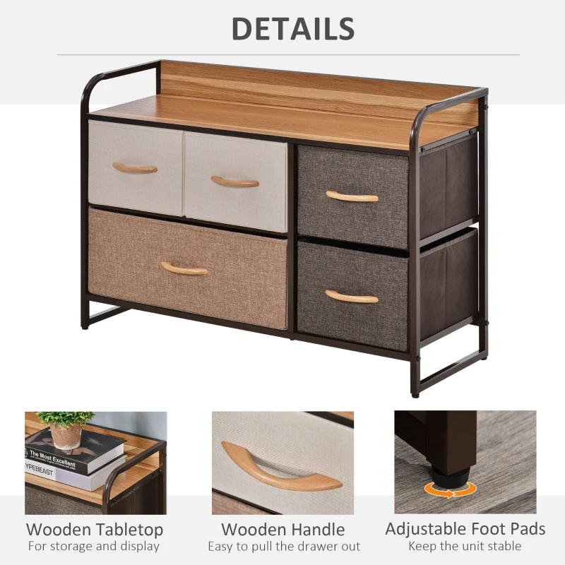 HOMCOM 5-Drawer Dresser, 2-Tier Storage Tower with Steel Frame for Bedroom, Nursery Room, Multicolored