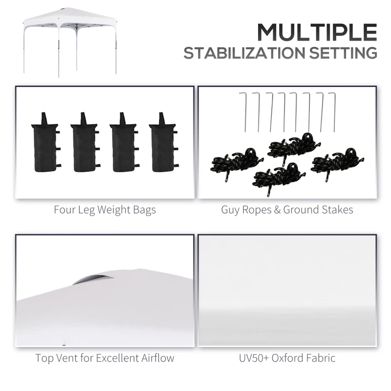 Outsunny 8' x 8' Pop Up Canopy Tent with Wheeled Carry Bag and 4 Sand Bags, Instant Sun Shelter, Tents for Parties, Height Adjustable, for Outdoor, Garden, Patio, White