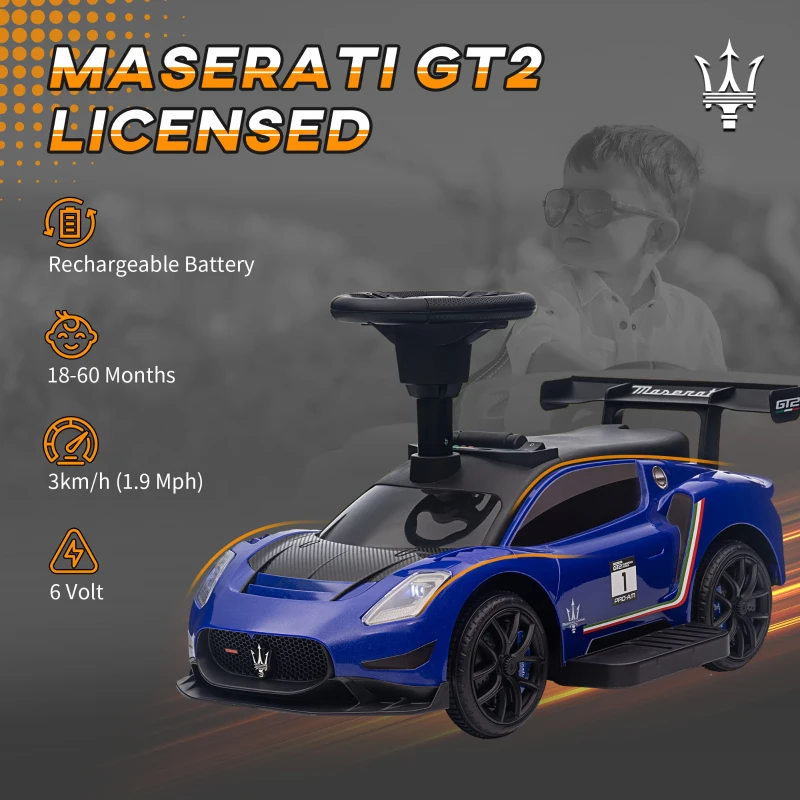 Qaba 6V Maserati GT2 Licensed Electric Car for Kids, Ride on Car with Under Seat Storage, LED Headlights Music, Blue