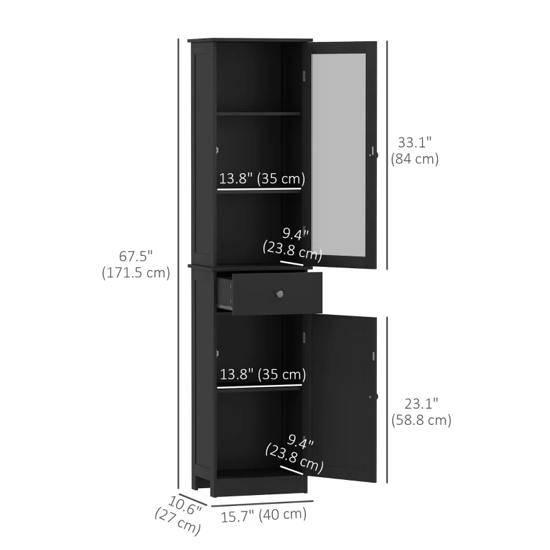 kleankin Tall Bathroom Cabinet, Bathroom Storage Cabinet with Drawers, 2 Doors and Adjustable Shelves, Black