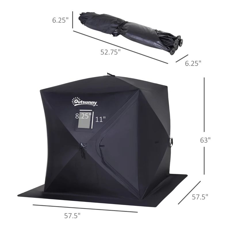 Outsunny 2 Person Ice Fishing Shelter, Pop-Up Portable Ice Fishing Tent with Carry Bag, Windows and Anchors for Low-Temp -22℉, Black