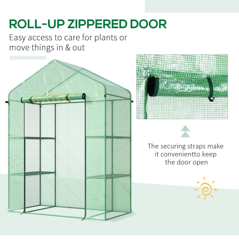 Outsunny 3-Tier Mini Greenhouse, Walk-in Greenhouse, Garden Hot House with 4 Shelves, Roll-Up Door and Weatherized Cover, 56" x 29" x 77", Dark Green