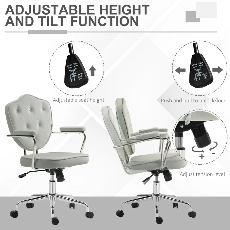 HOMCOM Cute Office Chair, Desk Chair with Button Tufted Velvet-Feel Fabric, Swivel Computer Vanity Chair, Gray