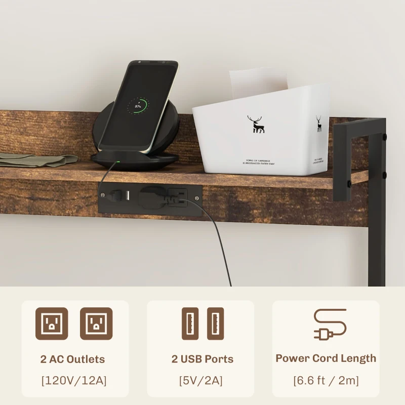 HOMCOM Industrial Kitchen Bakers Rack with Charging Station, RGB Lights, Glass Holders and Open Shelves, Rustic Brown