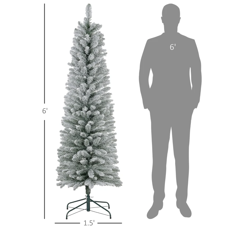 HOMCOM 6ft Artificial Christmas Tree, Snow Flocked Branches, Metal Base, Pencil Xmas Tree