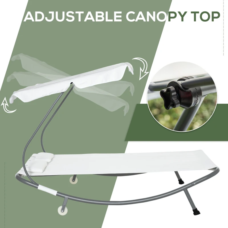 Outsunny Patio Double Chaise, Outdoor Lounge Bed with Canopy and Headrest Pillow, Portable Patio Sunbed Hammock Lounger, Cream White