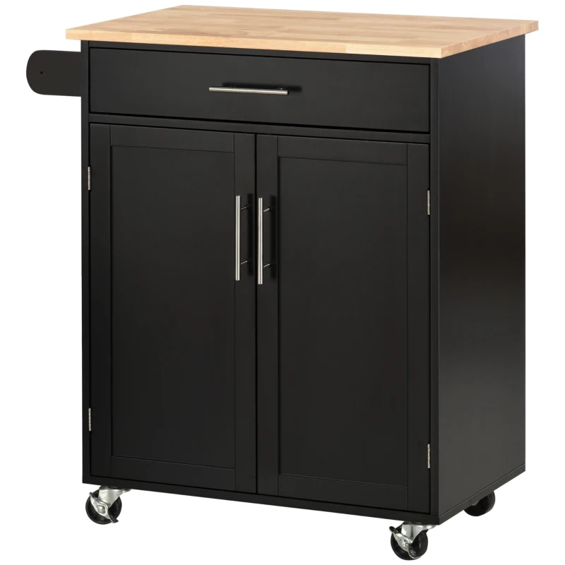 HOMCOM Kitchen Island Cart, Rolling Island Table with Solid Wood Top, Trolley Cart with Drawer, Storage Cabinet & Towel Rack, Black