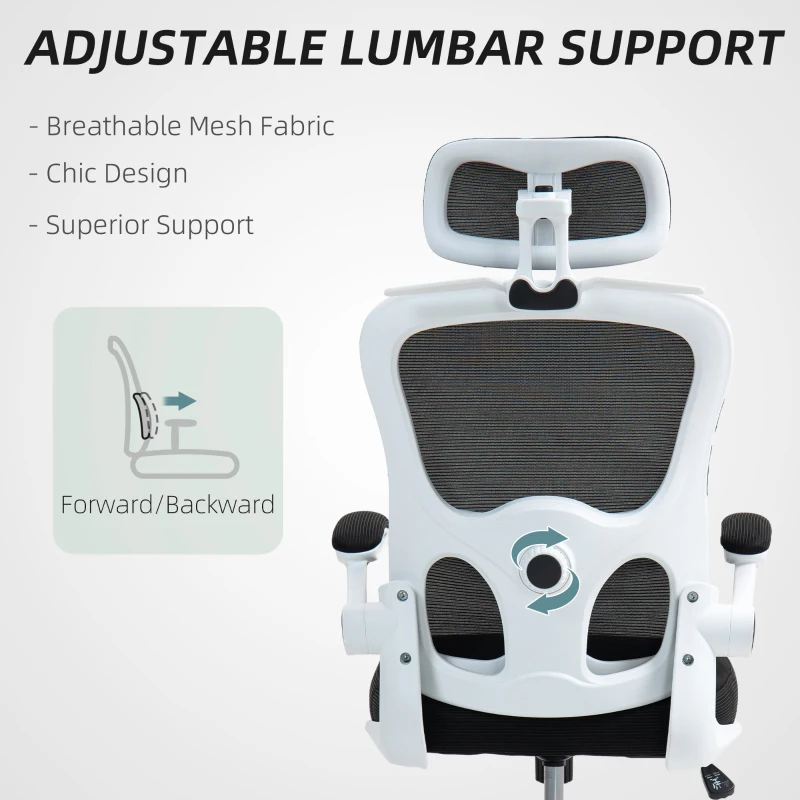 HOMCOM Mesh Office Chair, Ergonomic Desk Chair with Flip-up Armrest, Rotatable Headrest, Adjustable Lumbar Support, Black