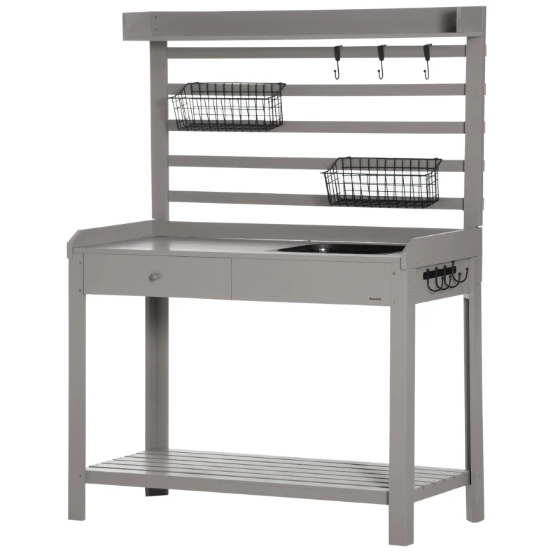 Outsunny Potting Bench Table, Garden Work Bench, Workstation with Metal Sieve Screen, Removable Sink, Additional Hooks and Baskets for Patio, Courtyards, Balcony, Gray