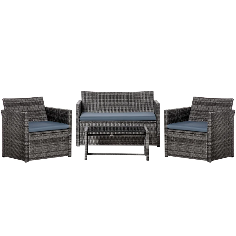 Outsunny 4 Pieces Patio Furniture Set with Cushions, Outdoor PE Rattan Wicker Conversation Garden Sofa Set with 2-Seater Chairs & Glass Coffee Table, Grey