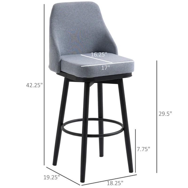 HOMCOM Extra Tall Bar Stools Set of 2, Modern 360° Swivel Barstools, Dining Room Chairs with Steel Legs Footrest, Light Grey