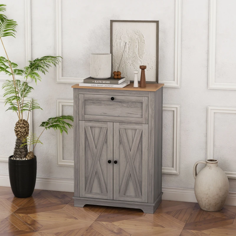 HOMCOM Farmhouse Sideboard Storage Cabinet with Doors and Drawer for Kitchen, Living room, 23.5"x11.75"x34.5", Gray
