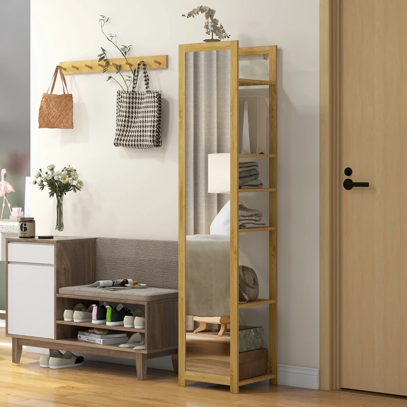 HOMCOM 66" x 14" Standing Mirror with 6-Tier Shelf, Floor Mirror Full Body Mirror for Bathroom, Living Room, Nature Wood