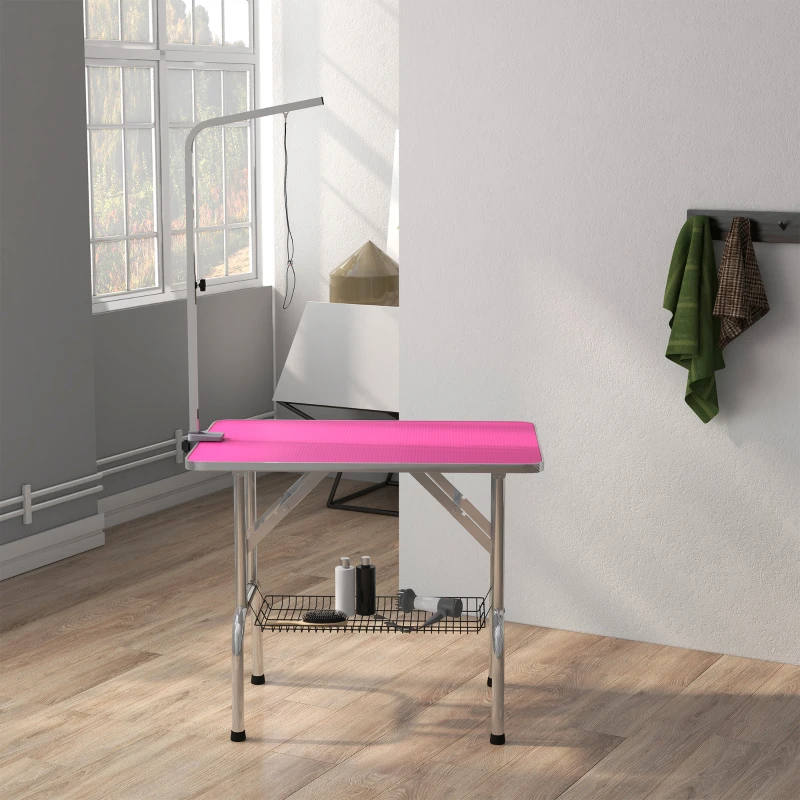 PawHut Foldable Grooming Table for Dogs with Height Adjustable Grooming Arm, Storage Shelf, Pink