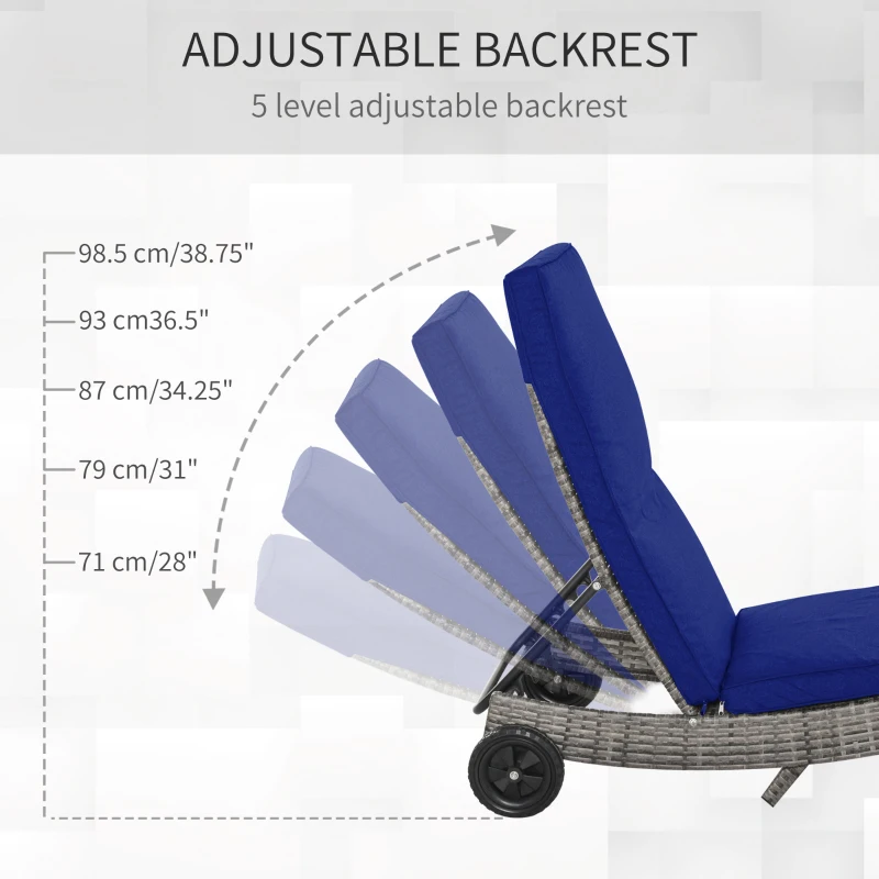 Outsunny Outdoor Adjustable Wicker Chaise Lounge Chair with Cushion & Wheels for Patio, Deck, Poolside, Dark Blue