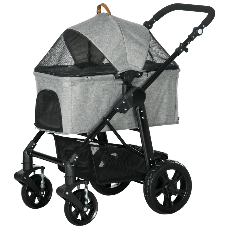 PawHut 2 in 1 Dog Stroller with Detachable Carriage Bag, Adjustable Canopy, Safety Leashes, Storage Basket for S Dogs, Grey